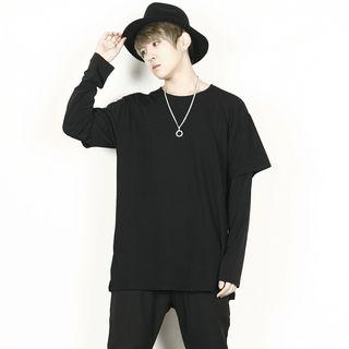 Long Sleeve Round-neck Mock Two-piece T-shirt