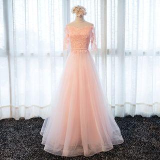 Lace Panel Off-shoulder Tulle Evening Gown