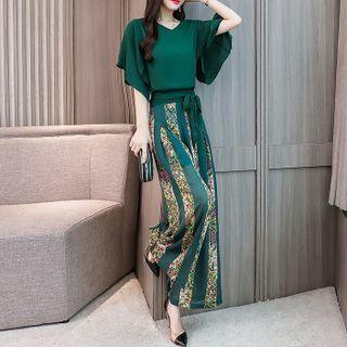 Set: Elbow-sleeve Blouse + Printed Wide-leg Pants