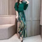 Set: Elbow-sleeve Blouse + Printed Wide-leg Pants