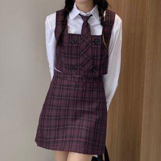 Shirt / Neck Tie / Plaid Vest / Mini A-line Skirt