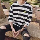 Smiley Face Embroidered Striped 3/4 Sleeve T-shirt