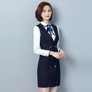 Contrast Trim Long-sleeve Blouse / Short-sleeve Blouse / Sleeveless Sheath Dress / Set