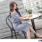 Off-shoulder Tie-cuff Smocked Midi Dress