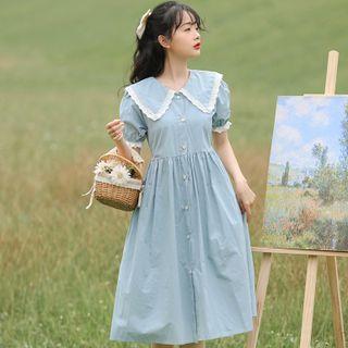 Puff-sleeve Wide-collar Frill Trim Midi A-line Dress