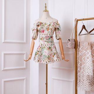 Elbow-sleeve Off Shoulder Floral A-line Mini Dress