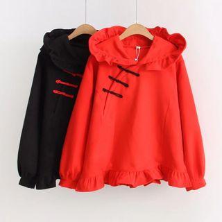 Embroidery Frilled Trim Hooded Top