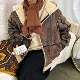 Fleece Panel Suede-leather Loose-fit Hooded Jacket