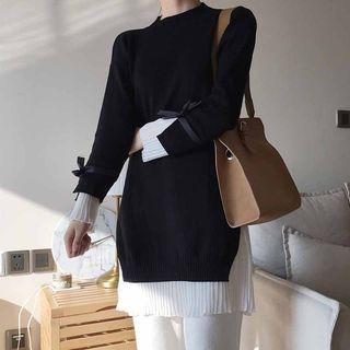 Mock Two-piece Long-sleeve Knit Pleated Mini Dress