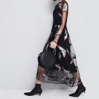 Birds-embroidered Mock Two-piece Sheer Dress