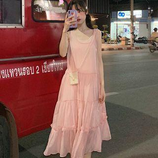 Spaghetti-strap Tiered Midi A-line Dress Pink - One Size