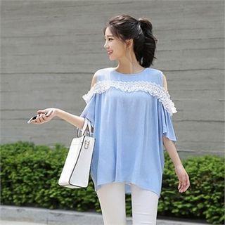 Cutout-shoulder Lace-trim Empire Top