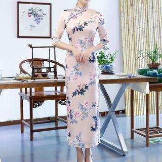Elbow-sleeve Floral Midi Qipao Dress