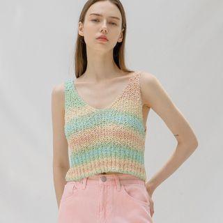 Sleeveless Pastel-stripe Knit Crop Top Yellow - One Size
