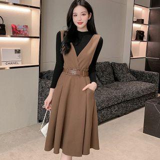Set: Mock Neck Plain Top + V-neck Plain Knit Overall Dress
