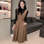 Set: Mock Neck Plain Top + V-neck Plain Knit Overall Dress