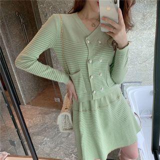 Striped Button Jacket / Striped Mini A-line Skirt