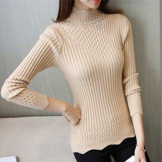 Long-sleeve Mock-neck Rib-knit Top