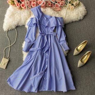 Single Shoulder Pinstripe Midi Dress
