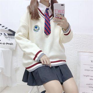 V-neck Striped Sweater / Plain Shirt With Tie