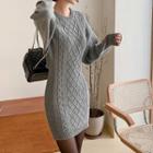 Cutout Back Long-sleeve Sheath Knit Dress Gray - One Size
