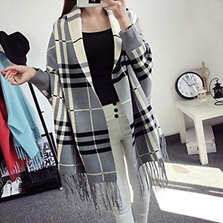 Plaid Fringe Hem Knit Poncho