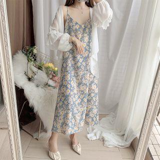 Spaghetti Strap Floral Midi A-line Dress / Chiffon Light Jacket / Set