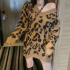 V-neck Leopard Print Sweater Leopard - One Size