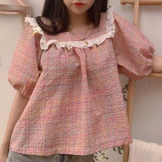 Puff-sleeve Rose Print Lace Trim Blouse
