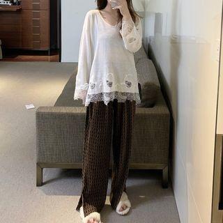 Long-sleeve Lace Trim Top / Patterned Slit Wide-leg Pants