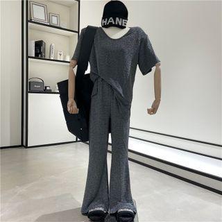 Short-sleeve Plain T-shirt + Boot-cut Pants Dark Gray - Top + Pants - One Size