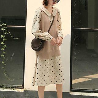 Set: Long-sleeve Polka Dot Midi Collared Dress + V-neck Knit Vest Dress - Beige - One Size / Vest - Almond - One Size