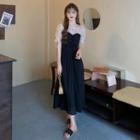 Puff-sleeve Lace Mesh Panel Plain A-line Dress