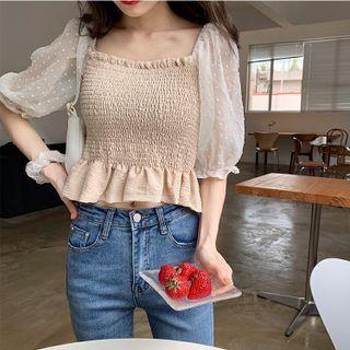 Puff-sleeve Dotted Slim-fit Top / Denim Skirt / Plain Straight Leg Pants