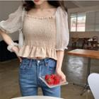 Puff-sleeve Dotted Slim-fit Top / Denim Skirt / Plain Straight Leg Pants