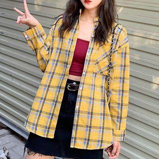 Long-sleeve Plaid Shirt 3003 - As Shown In Figure - One Size