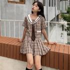 Gingham Sailor-collar Tie Blouse+ Pleated Dress Set Set - One Size