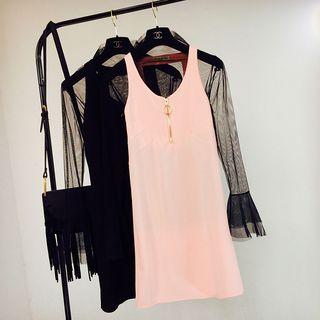 Set: Sheer Mesh Blouse + Sleeveless Half-zip Mini Dress