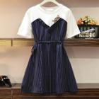Mock Two-piece Short-sleeve Striped Mini Dress