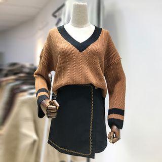 Set: V-neck Sweater + Wrap A-line Skirt