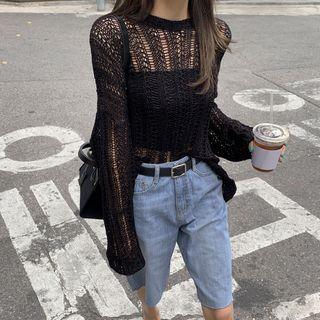 Drop-shoulder Net-knit Top