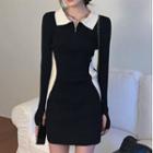 Long-sleeve Polo-neck Sheath Dress Black - One Size