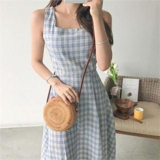 Square-neck Plaid Long Pinafore Dress