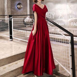 Short-sleeve Wrap A-line Evening Gown