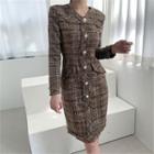 V-neck Faux-pearl Tweed Dress