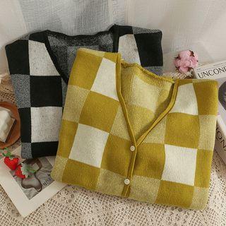 Checker V-neck Loose Cardigan