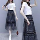Set: Short-sleeve Tassel T-shirt + Print A-line Midi Skirt