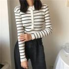 Long-sleeve Striped Single-breasted Knit Top
