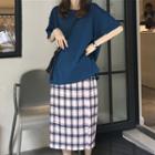 Short-sleeve Cutout T-shirt / Plaid Midi Skirt