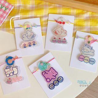 Set Of 3: Cartoon Acrylic Hair Clip + Hair Tie (various Designs)